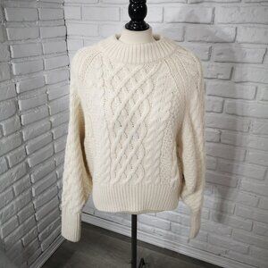 H&M Ladies Size Large Cream Cable Stitch Mock Neck Balloon Sleeve Sweater